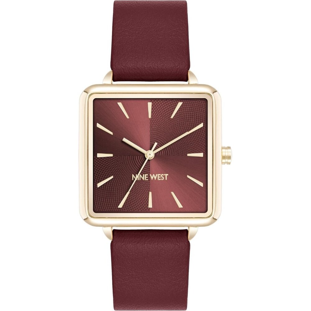 Women's Burgundy Tone Buckle Closure Faux Leather Strap Crystal Lens Watch